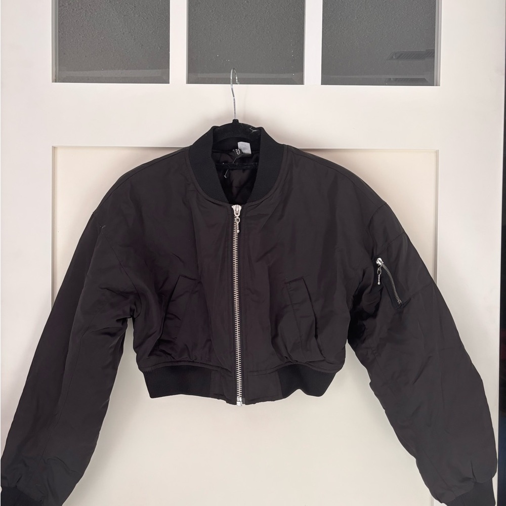 H&M Black Cropped Bomber Jacket